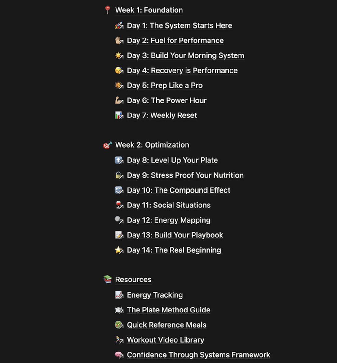 Fuel & Fire Notion template — 14-day structure